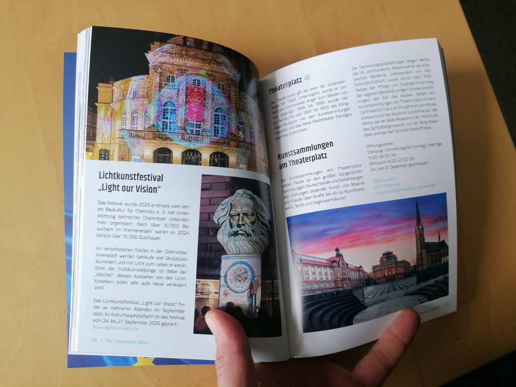 Eine Seite im Sparkasse Stadtführer für die Kulturhauptstadt Chemnitz zum LOV Festival